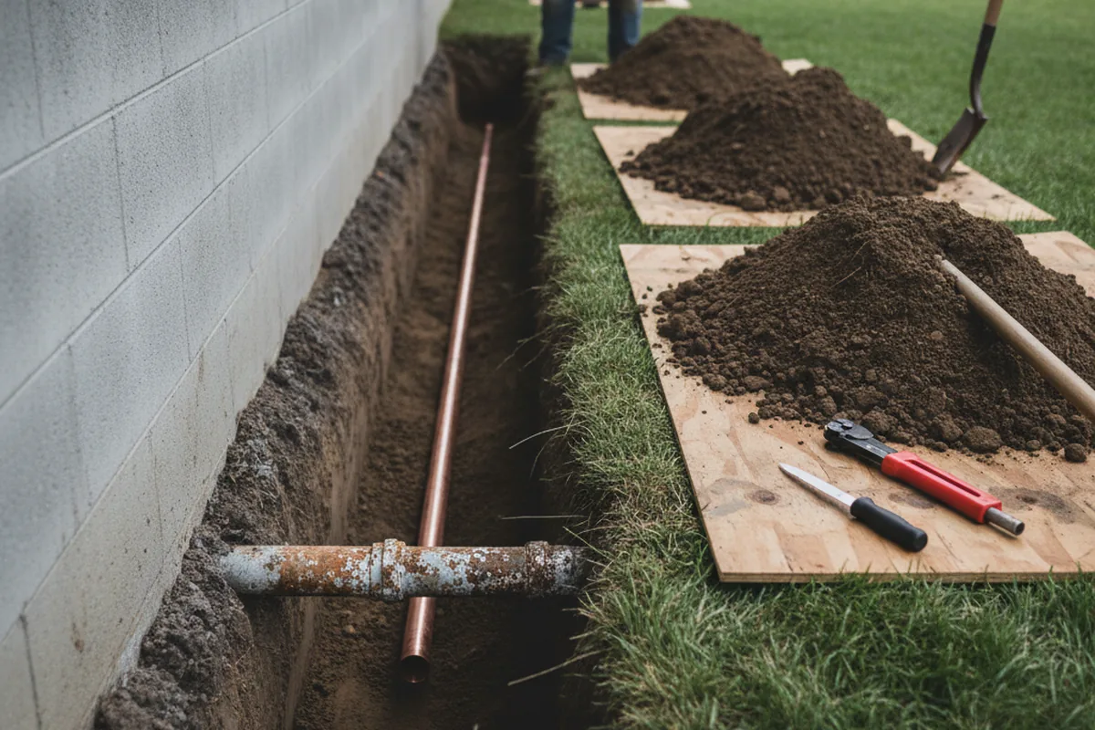Excavated water line trench during Water Heater Repair in Allamuchy